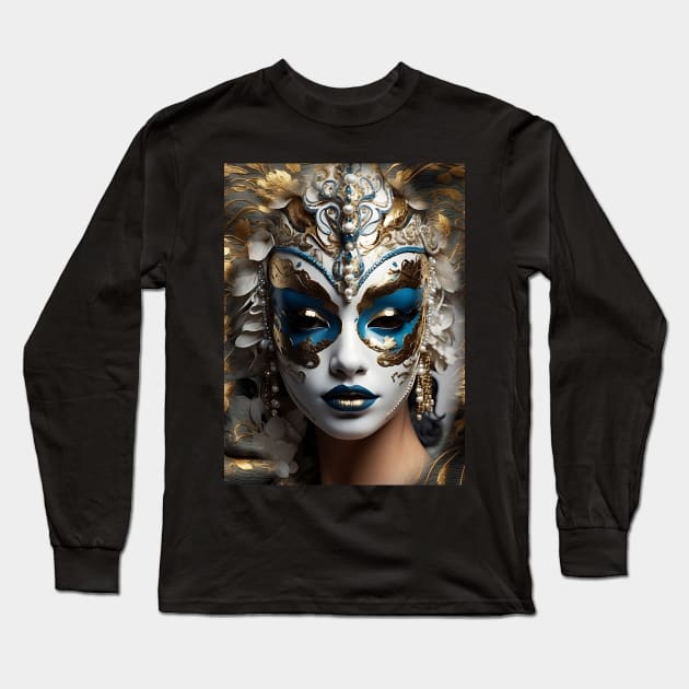 Incognito woman in white gold Venetian opera mask Long Sleeve T-Shirt by Khala